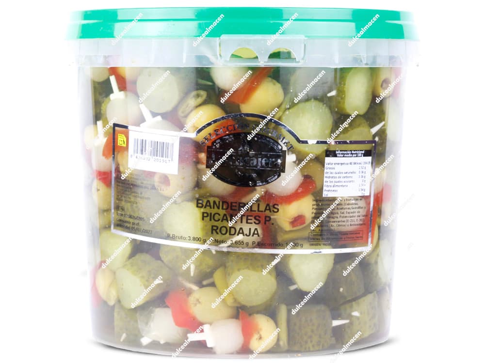 Cubo de 3,85kg de banderillas picantes en rodaja Selección Gourmet La Encajera - Dulcealmacen