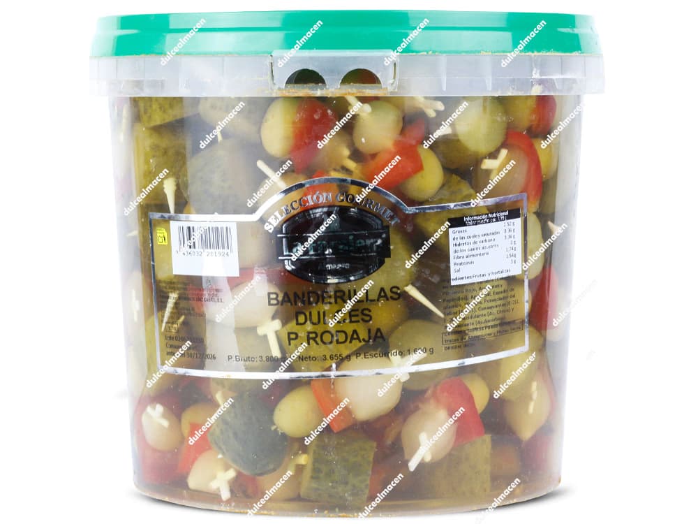 Cubo de 3,80kg de banderillas dulces en rodaja Selección Gourmet La Encajera - Dulcealmacen
