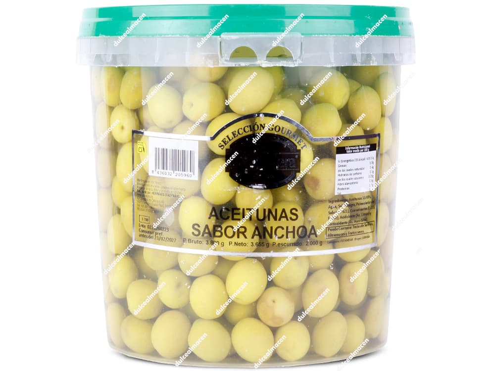 Cubo de 3,85kg de aceitunas verdes sabor anchoa Selección Gourmet La Encajera - Dulcealmacen