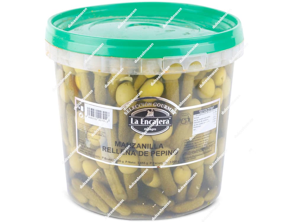Cubo de 3,85kg de aceitunas manzanilla rellenas de pepinillo Selección Gourmet La Encajera - Dulcealmacen