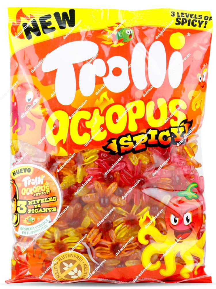 Bolsa de 1 kg de gominolas Trolli Octopus Spicy con pulpos de colores brillantes y advertencia de 3 niveles de picante sobre fondo blanco en Dulcealmacen