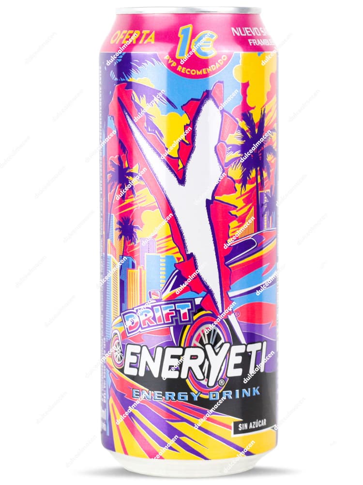 Lata de 500 ml de Eneryeti Drift Sin Azúcar con diseño colorido de palmeras y coches en tonos rosas, azules y amarillos sobre fondo blanco en Dulcealmacen
