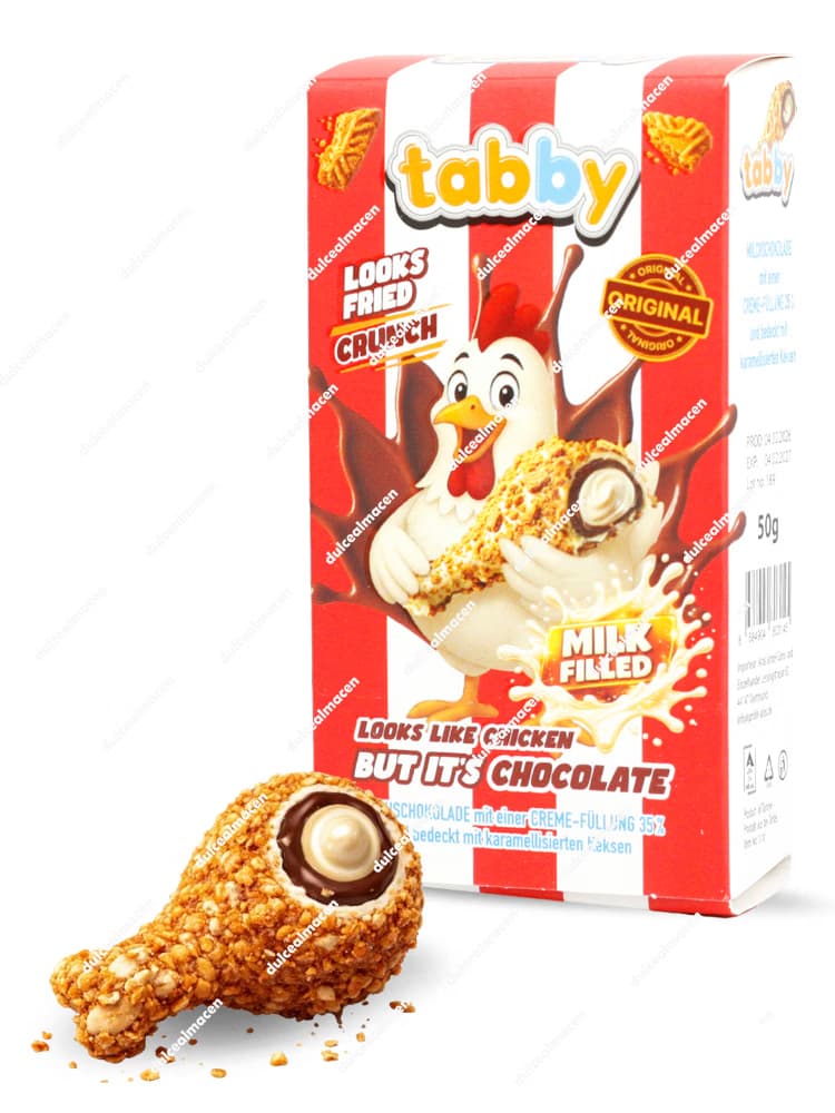 Tabby Pollo de Chocolate crujiente 50g con relleno de leche en Dulcealmacen
