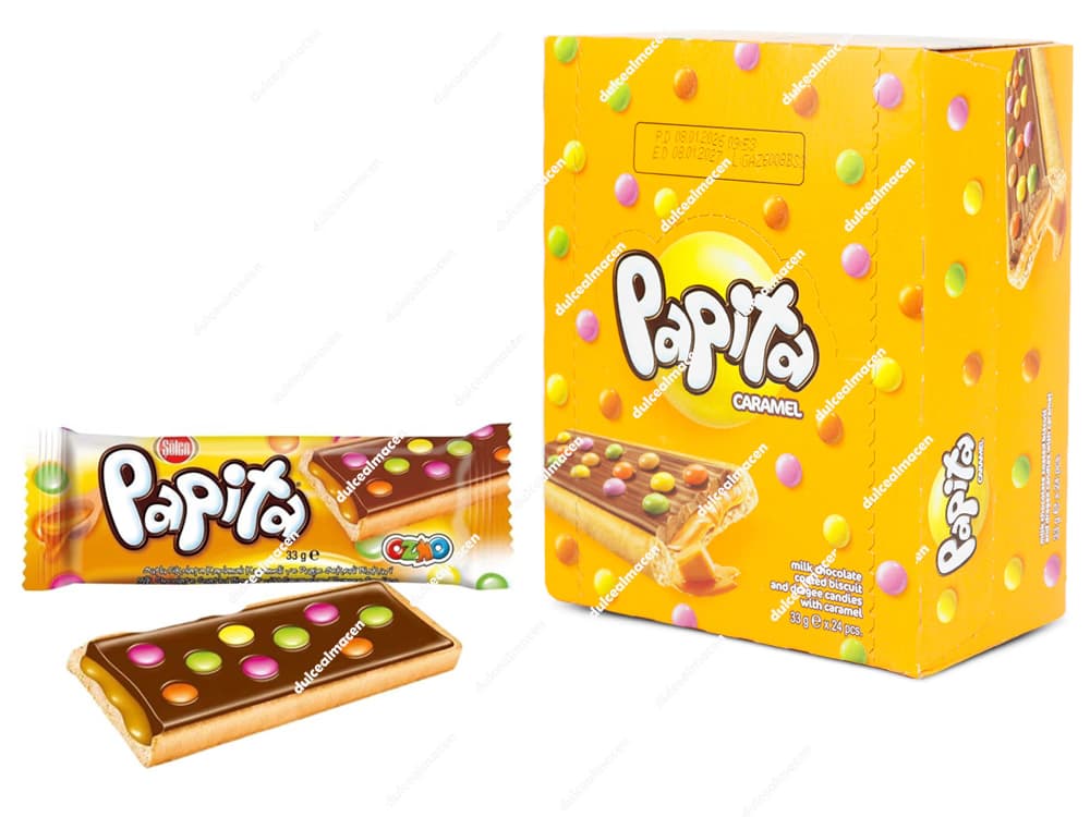 Caja expositora naranja de 24 unidades de galletas Papita Caramel con imagen de galleta rellena de caramelo y grageas de colores - Dulcealmacen