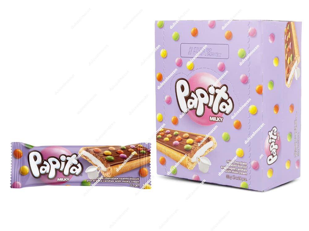 Caja expositora azul de 24 unidades de galletas Papita Milky con imagen de galleta rellena de leche y grageas de colores - Dulcealmacen