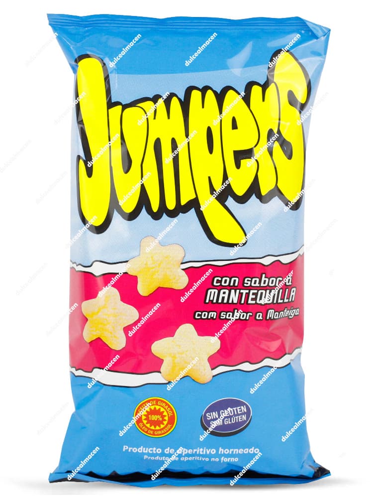 Caja de 24 bolsas de Jumpers de Mantequilla, snack de maíz horneado con forma de estrella y sello sin gluten - Dulcealmacen