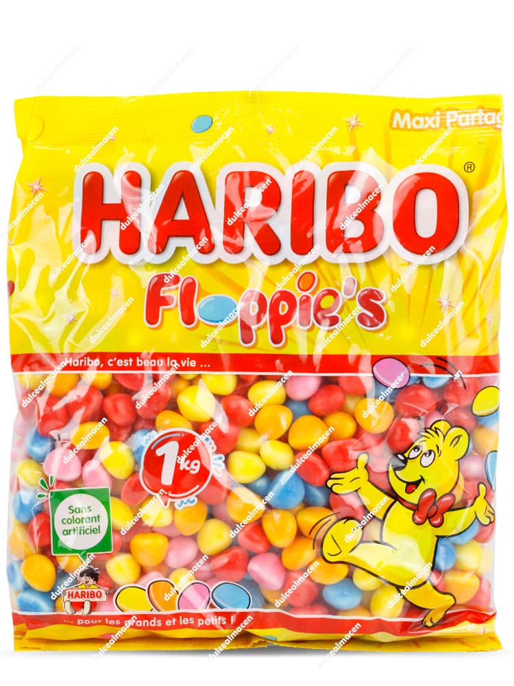 Bolsa amarilla de 1 kg de Haribo Floppies mostrando las grageas de colores y el sello de sin colorantes artificiales - Dulcealmacen