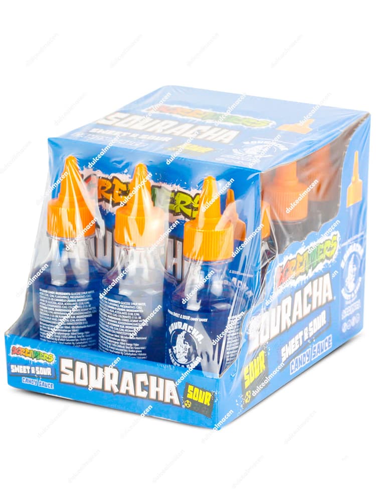 Caja expositora con 12 botellas de Souracha Blue Zed Candy, una salsa de caramelo líquida azul con diseño de estilo graffiti - Dulcealmacen