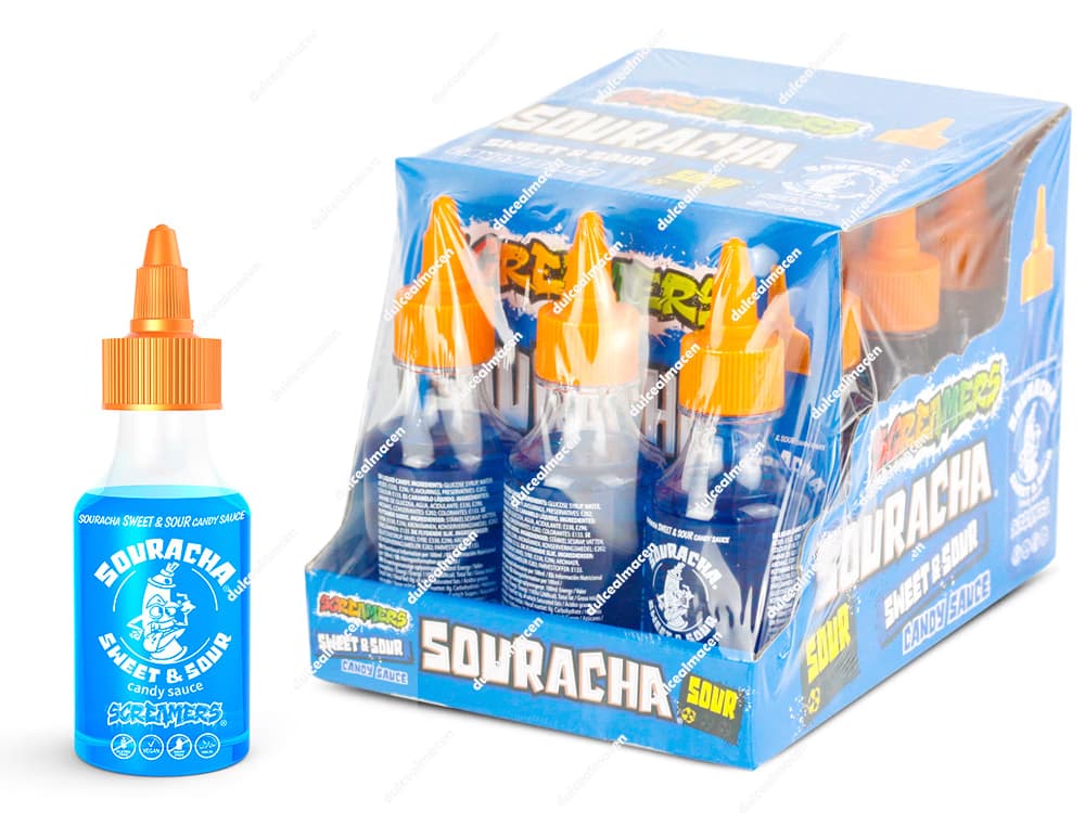Caja expositora con 12 botellas de Souracha Blue Zed Candy, una salsa de caramelo líquida azul con diseño de estilo graffiti - Dulcealmacen