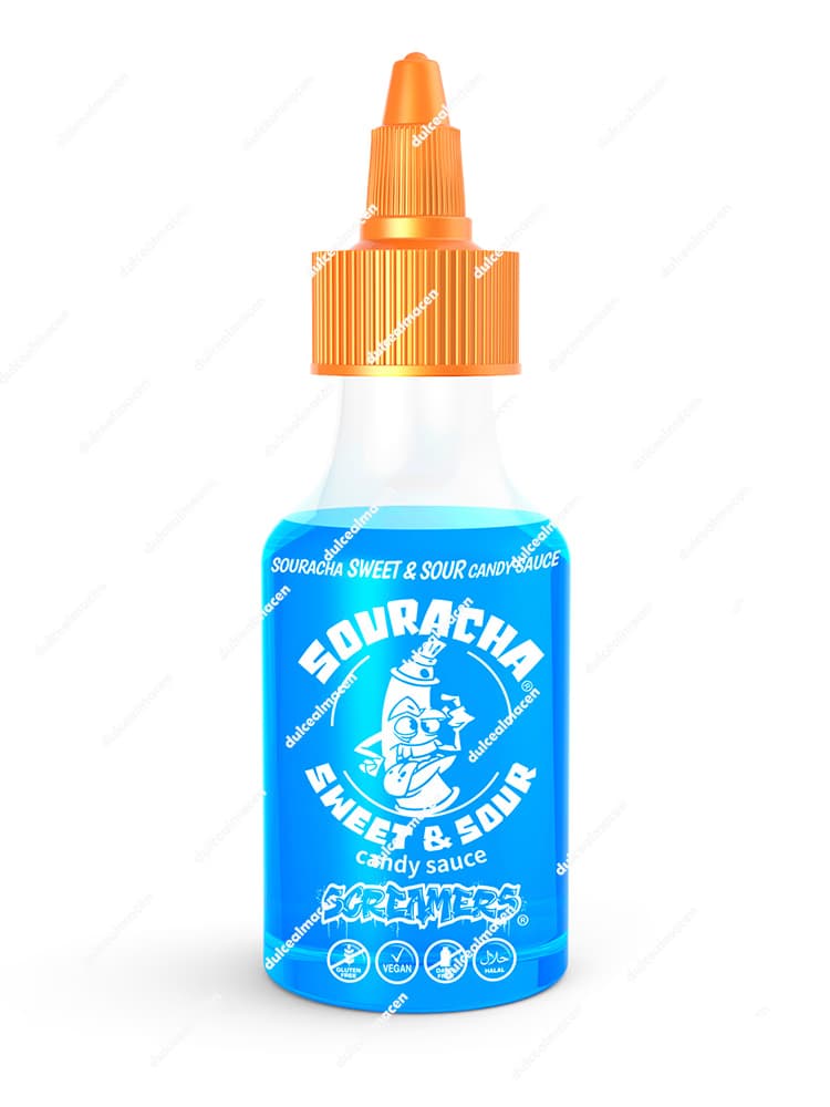 Caja expositora con 12 botellas de Souracha Blue Zed Candy, una salsa de caramelo líquida azul con diseño de estilo graffiti - Dulcealmacen
