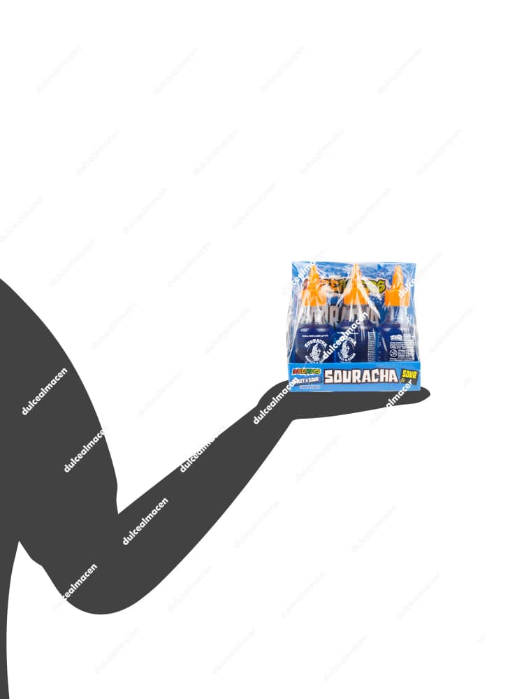 Caja expositora con 12 botellas de Souracha Blue Zed Candy, una salsa de caramelo líquida azul con diseño de estilo graffiti - Dulcealmacen
