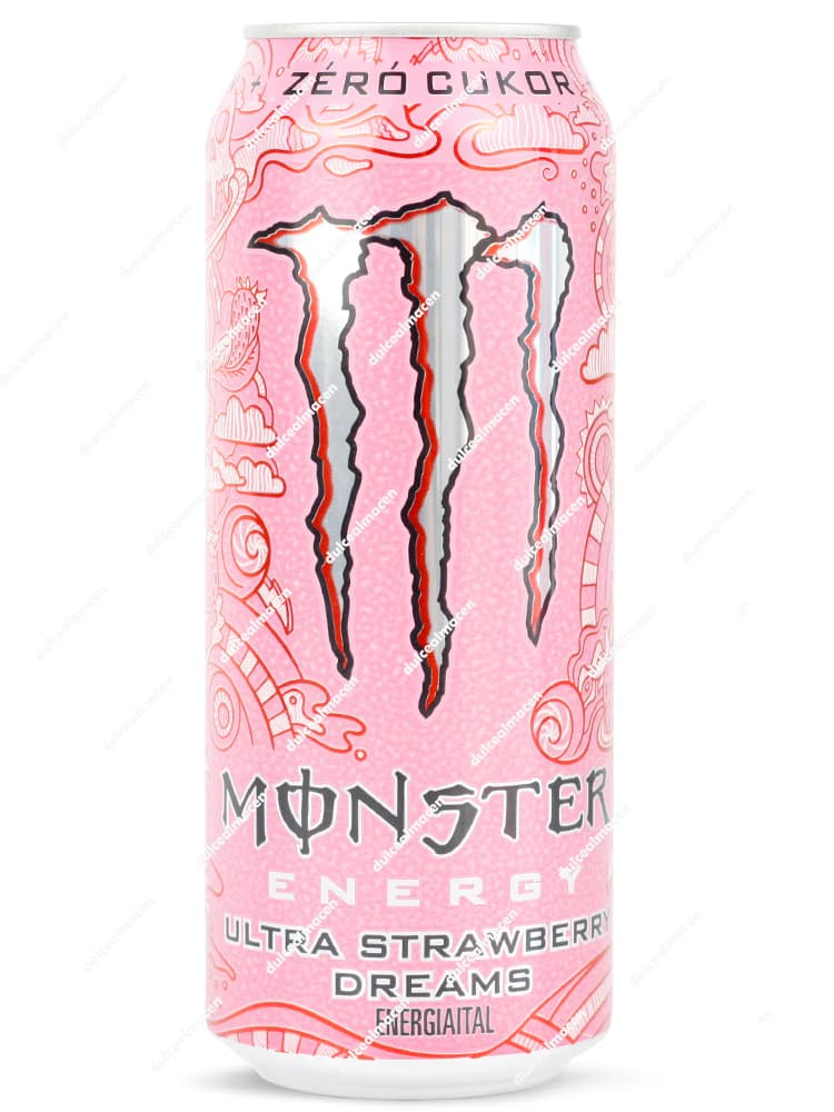 Lata de 500 ml de Monster Energy Ultra Strawberry Dreams, diseño en rosa pastel con relieves y el lema Zéró Cukor (sin azúcar) - Dulcealmacen