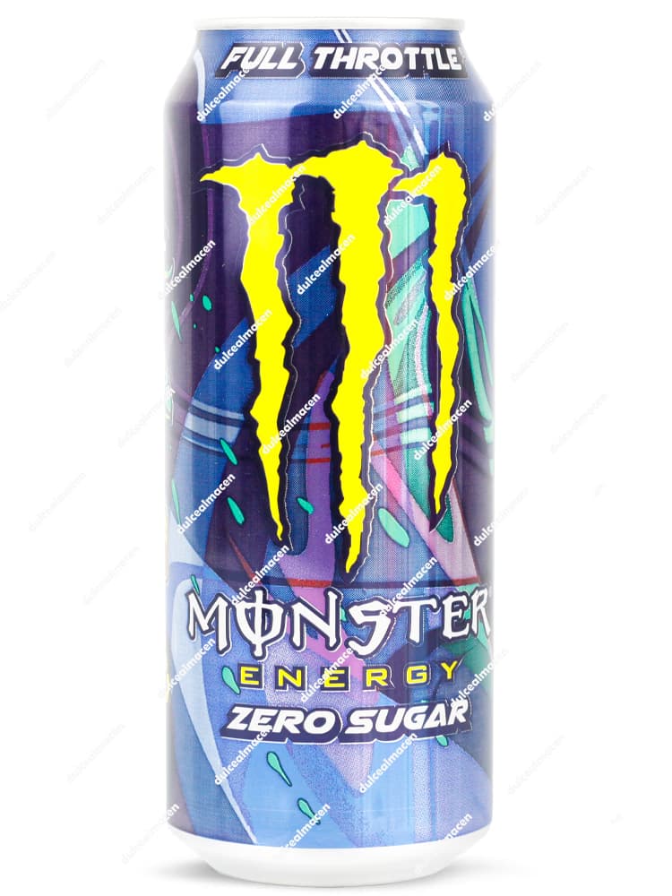 Lata de 500 ml de Monster Energy Zero Sugar Full Throttle, con el logotipo amarillo neón sobre un fondo artístico azul y púrpura - Dulcealmacen