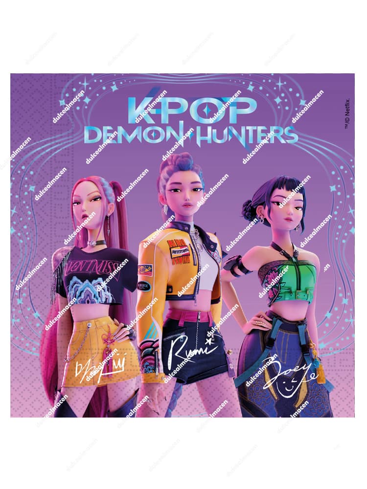 Paquete de 20 servilletas de papel con diseño de personajes K-Pop Demon Hunters de la marca Parti, tamaño 33x33 cm - Dulcealmacen