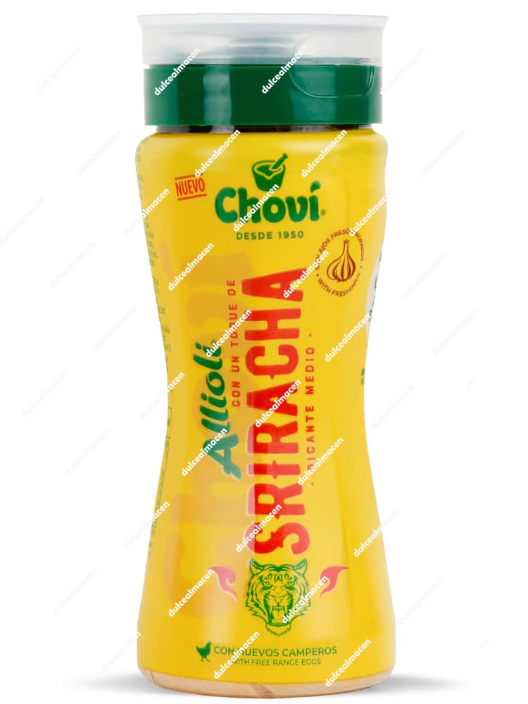 Botella ergonómica de 250 ml de Allioli Choví con un toque de Sriracha, elaborado con ajos frescos y huevos camperos, nivel de picante medio - Dulcealmacen