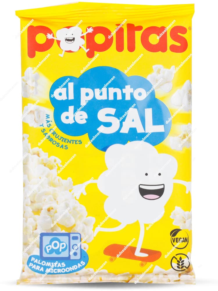 Bolsa amarilla de Popitas al Punto de Sal de 100g para microondas, con iconos de producto vegano y sin gluten y una palomita divertida en monopatín - Dulcealmacen