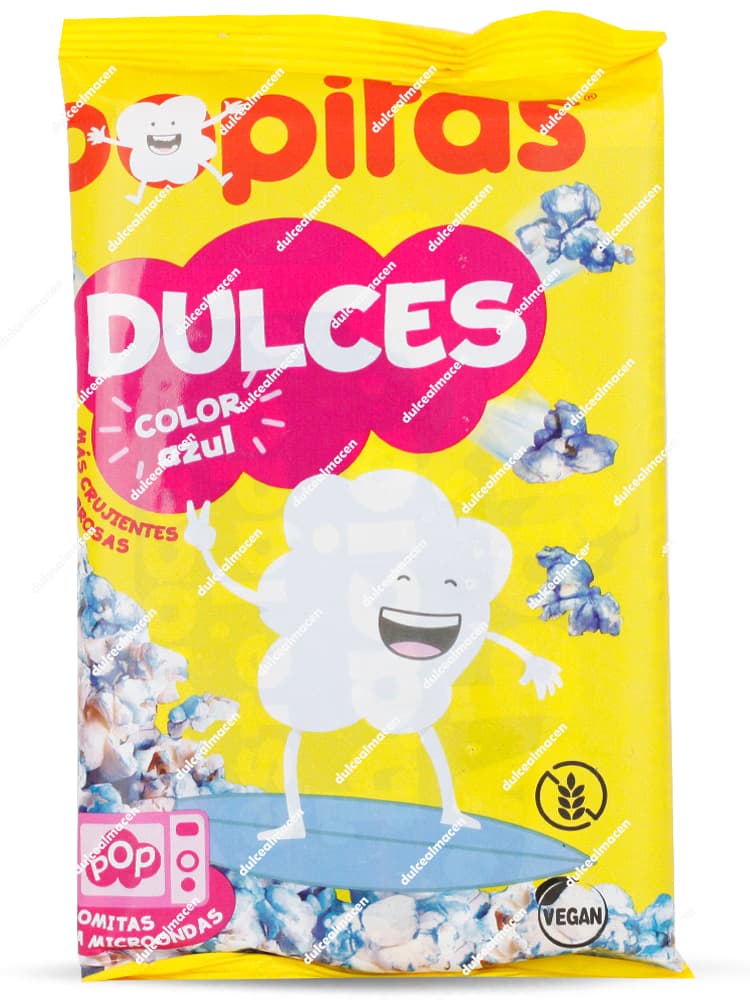 Bolsa amarilla de Popitas Dulces Color Azul de 100g para microondas, destacando su color azul, sellos vegano y sin gluten, y una palomita en tabla de surf - Dulcealmacen