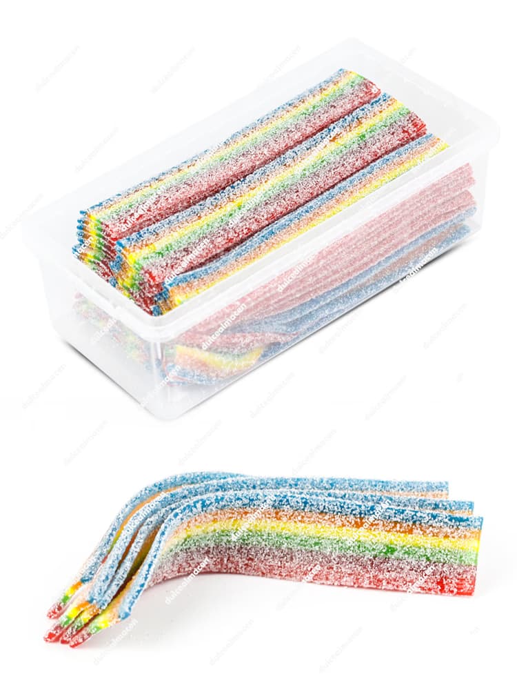 Tarro de 290 g de gominolas Damel Cintas Arcoiris multicolor tipo lengua con recubrimiento de azúcar pica y sellos vegano y halal - Dulcealmacen