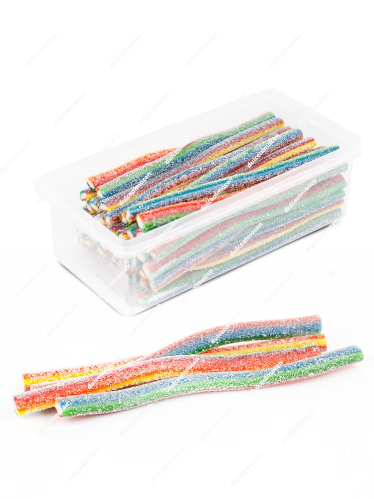 Tarro de 290 g de gominolas Damel Rellenitos Arcoiris con exterior multicolor pica sour y relleno blanco, con sellos vegano y halal - Dulcealmacen