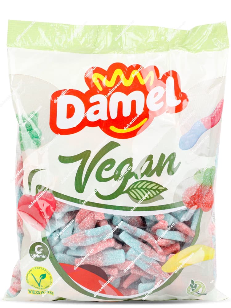 Bolsa de 1 kg de gominolas Damel Vegan Botellas de Chicle bicolores rosa y azul con sellos de Vegano, Sin Gluten y Vitamina C - Dulcealmacen