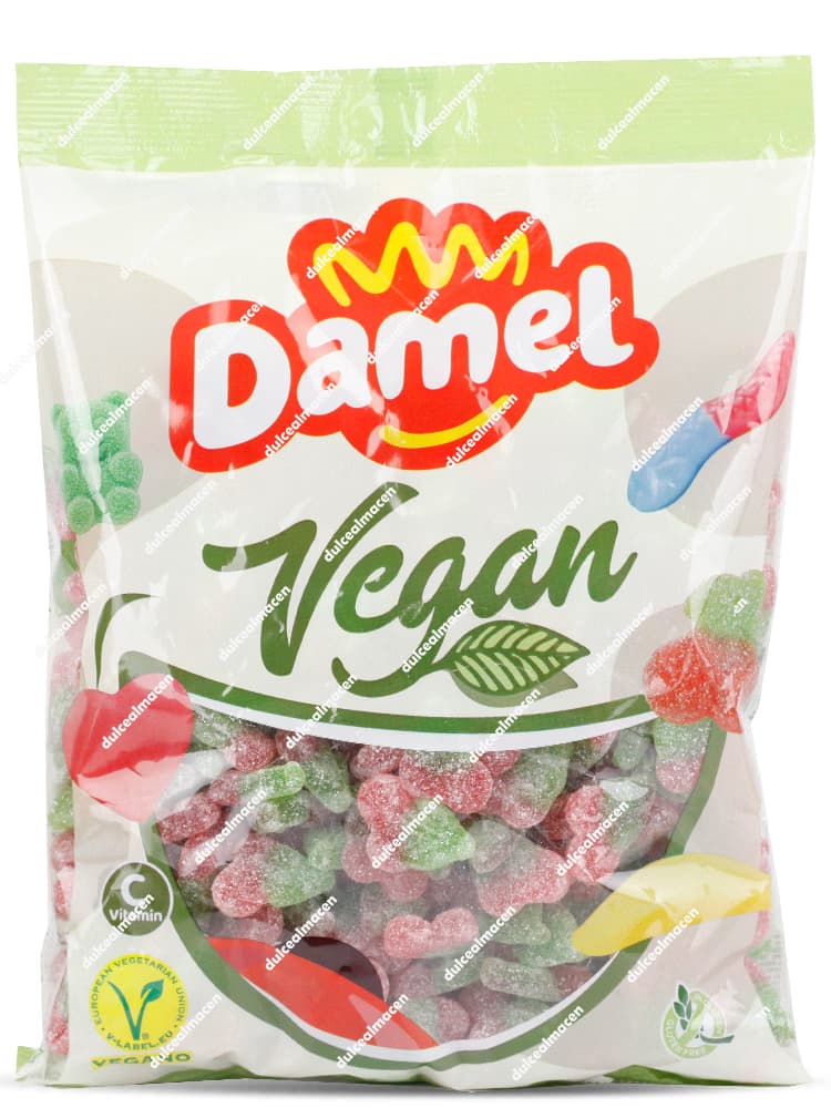 Bolsa de 1 kg de gominolas Damel Vegan Cerezas Pica de color rojo y verde con sellos de Vitamina C, Vegano y Sin Gluten - Dulcealmacen