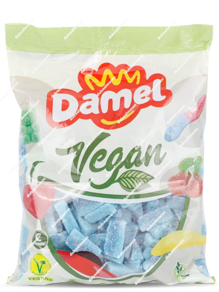 Bolsa de 1 kg de gominolas Damel Vegan Tajada Frambuesa de color azul con azúcar, mostrando los sellos Vegan y Sin Gluten - Dulcealmacen