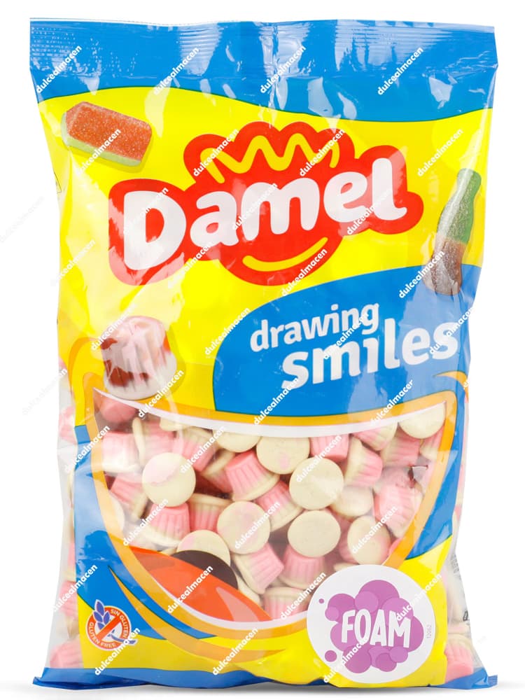 Bolsa de 1 kg de gominolas Damel Yogures de Fresa de textura foam en colores rosa y blanco con sello de sin gluten - Dulcealmacen
