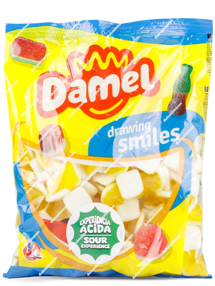 Bolsa de 1 kg de gominolas Damel Pirámides Ácidas en colores blanco y amarillo con sello de Sour Experience y Sin Gluten - Dulcealmacen