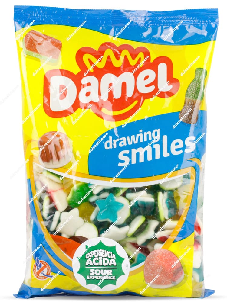 Bolsa de 1 kg de gominolas Damel Sourprise Mix mostrando el surtido variado de piezas ácidas y el sello de Experiencia Ácida y Sin Gluten - Dulcealmacen