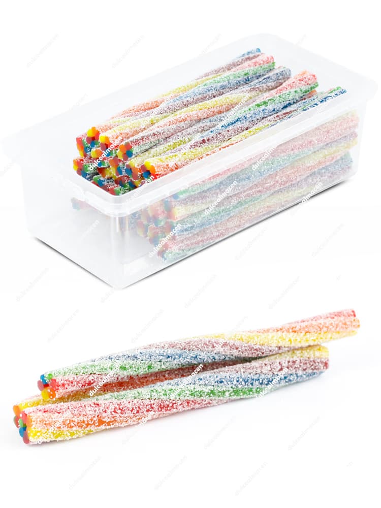 Tarro de 290 g de gominolas Damel Trenzas Arcoiris multicolor con recubrimiento de azúcar pica y sellos vegano y halal - Dulcealmacen