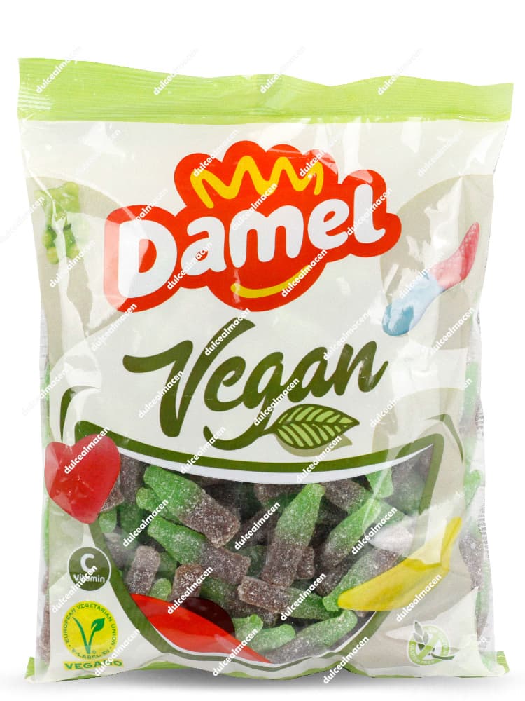 Bolsa de 1 kg de gominolas Damel Vegan con forma de botellas de cola bitono recubiertas de azúcar y sellos de calidad Vegan y Sin Gluten - Dulcealmacen