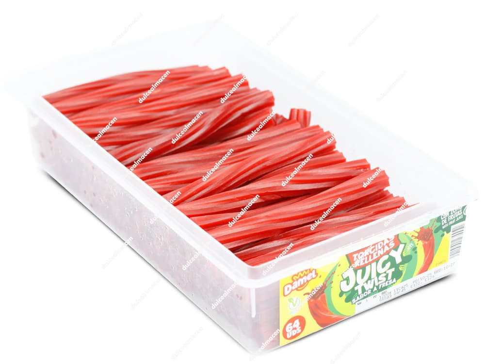 Tarro de 64 unidades de gominolas Damel Torcidas Rellenas Juicy Twist de color rojo sabor fresa con sello vegano y de zumo de frutas - Dulcealmacen