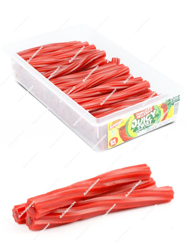 Tarro de 64 unidades de gominolas Damel Torcidas Rellenas Juicy Twist de color rojo sabor fresa con sello vegano y de zumo de frutas - Dulcealmacen