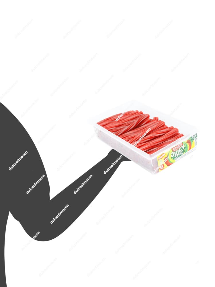 Tarro de 64 unidades de gominolas Damel Torcidas Rellenas Juicy Twist de color rojo sabor fresa con sello vegano y de zumo de frutas - Dulcealmacen