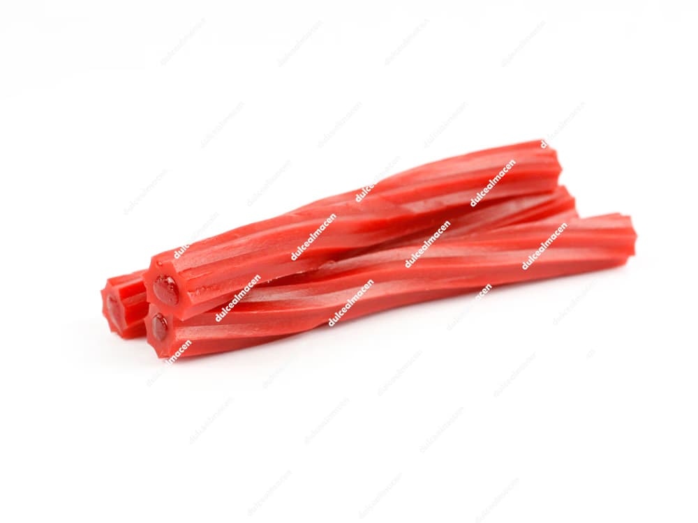 Tarro de 64 unidades de gominolas Damel Torcidas Rellenas Juicy Twist de color rojo sabor fresa con sello vegano y de zumo de frutas - Dulcealmacen
