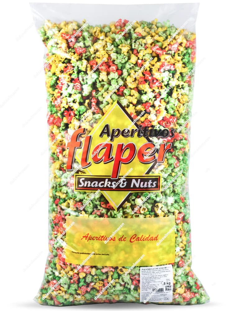 Bolsa de 1,5 kg de Palomitas de Colores de Aperitivos Flaper, mostrando la mezcla de palomitas rojas, verdes y amarillas en un envase transparente - Dulcealmacen