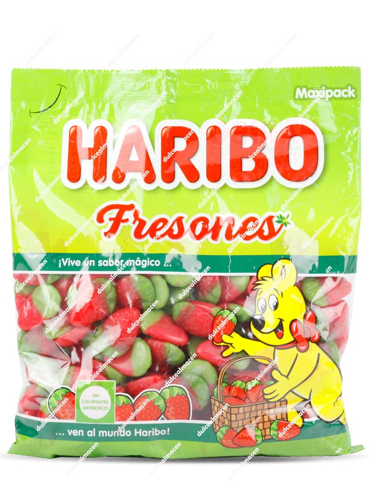 Bolsa de 1 kg de gominolas Haribo Fresas Brillo de color rojo y verde con sellos de garantía de calidad de la marca - Dulcealmacen