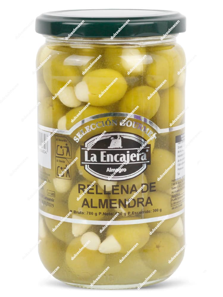Tarro de cristal de 780 g de Aceitunas verdes Rellenas de Almendra La Encajera, línea Selección Gourmet - Dulcealmacen