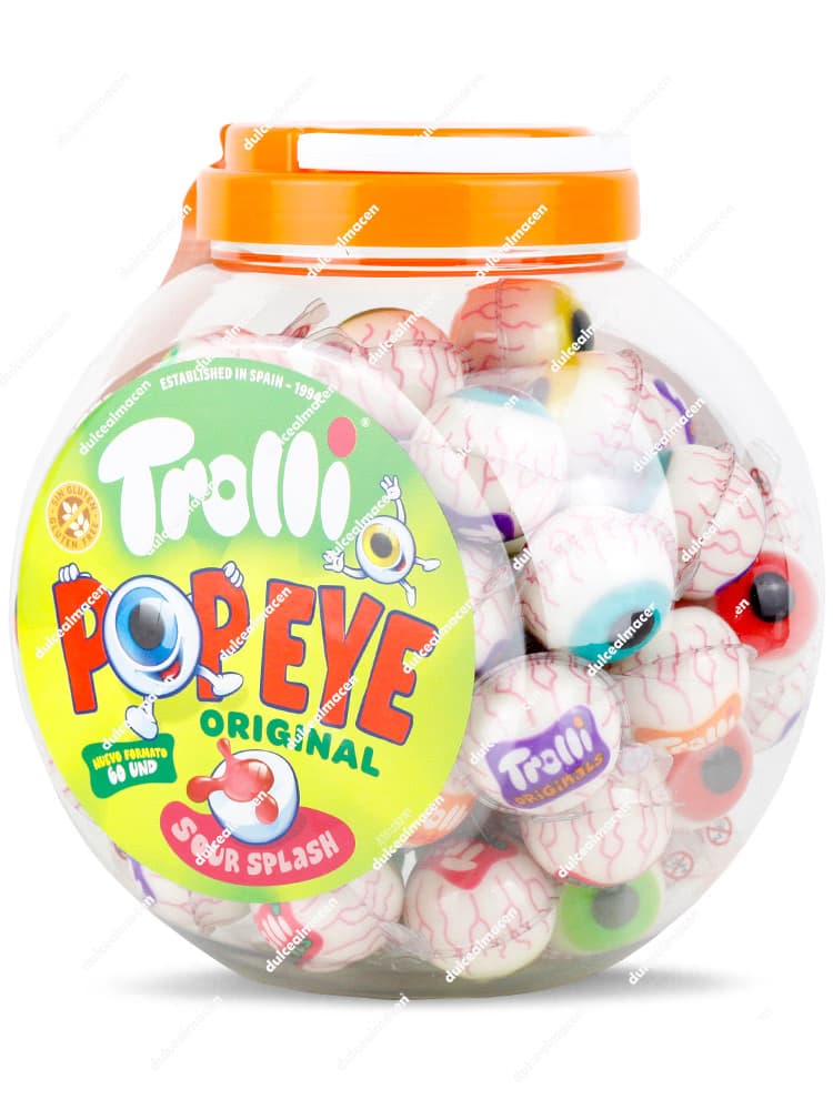 Bote redondo de 60 unidades de Ojos de Trolli Pop Eye Original, mostrando las gominolas con forma de ojo dentro de sus cápsulas individuales - Dulcealmacen