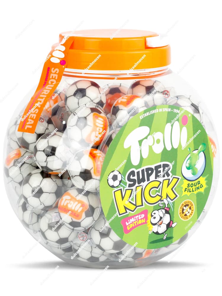 Bote esférico de 60 unidades de gominolas Trolli Super Kick con forma de balones de fútbol y relleno ácido, producto sin gluten - Dulcealmacen
