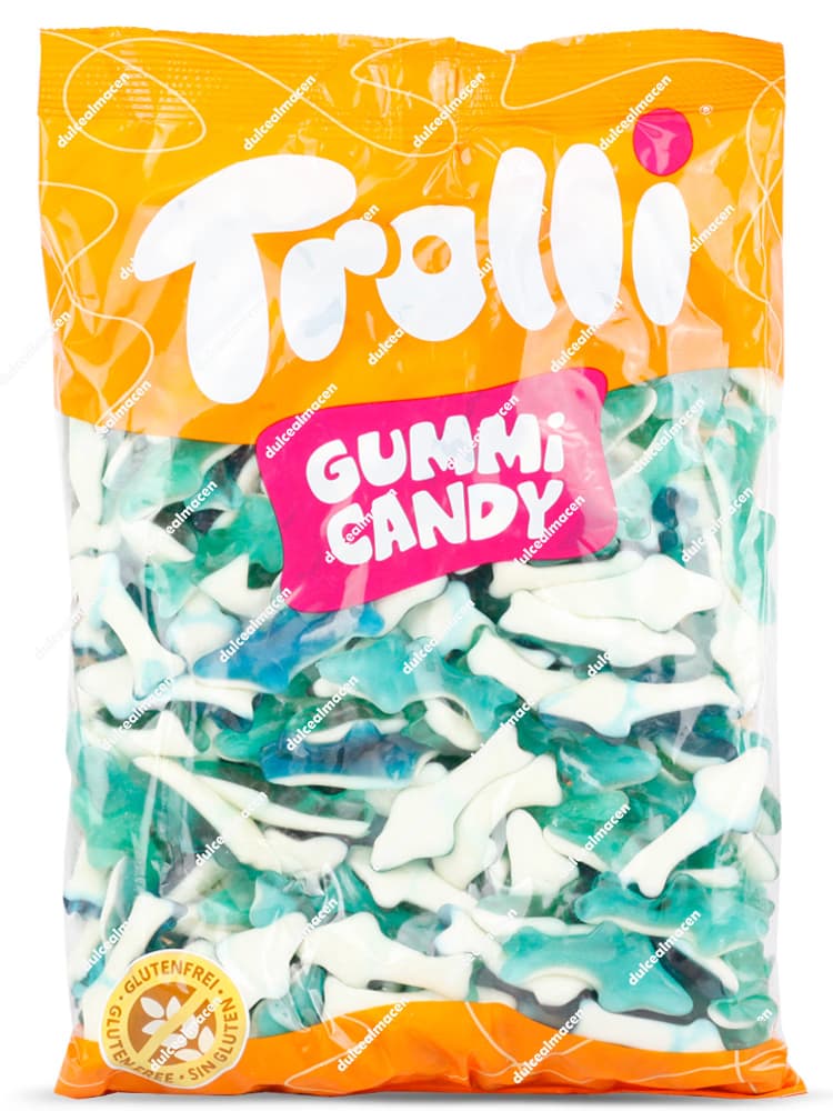Bolsa de 1 kg de gominolas Trolli Tiburones de color azul y blanco con sello de sin gluten - Dulcealmacen