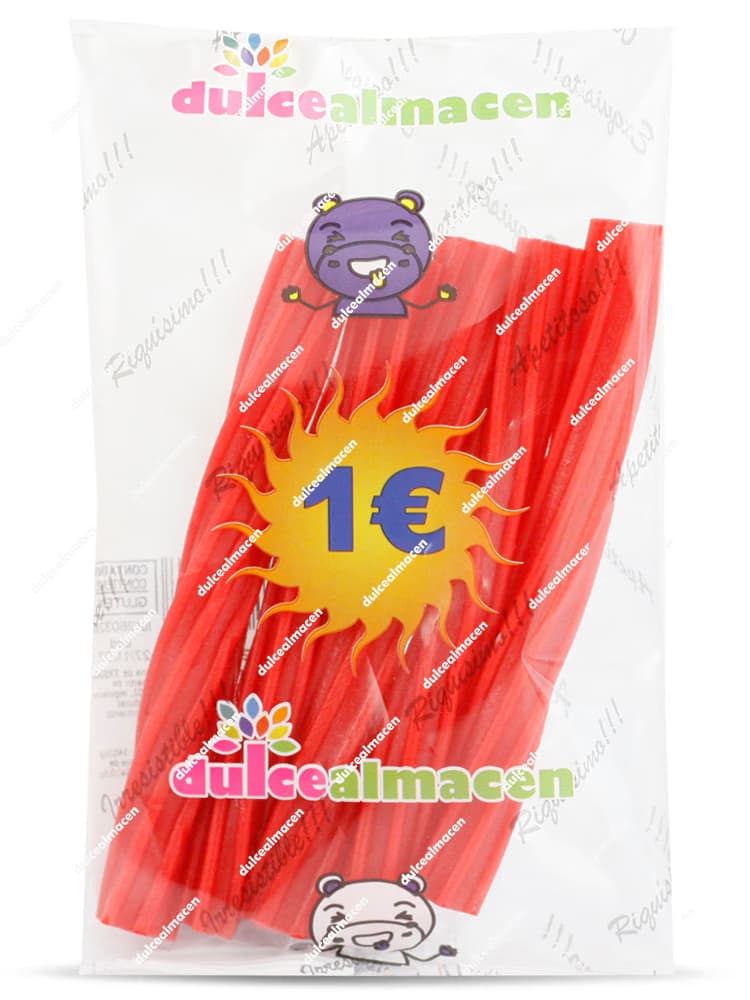 Bolsa de regaliz rojo Rellenito Jelly King de Dulcealmacen con relleno de gelatina y etiqueta de precio 1€ - Dulcealmacen