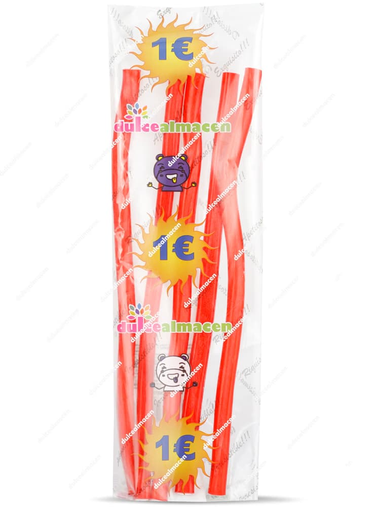 Bolsa de regaliz rojo Maxi Rellenos Fresa-Nata de Dulcealmacen con etiqueta de precio 1€ y gominolas largas rellenas - Dulcealmacen