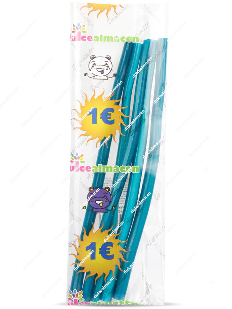 Bolsa de regaliz azul Maxi Rellenos Frambuesa-Nata de Dulcealmacen con etiqueta de precio 1€ y barritas largas rellenas - Dulcealmacen