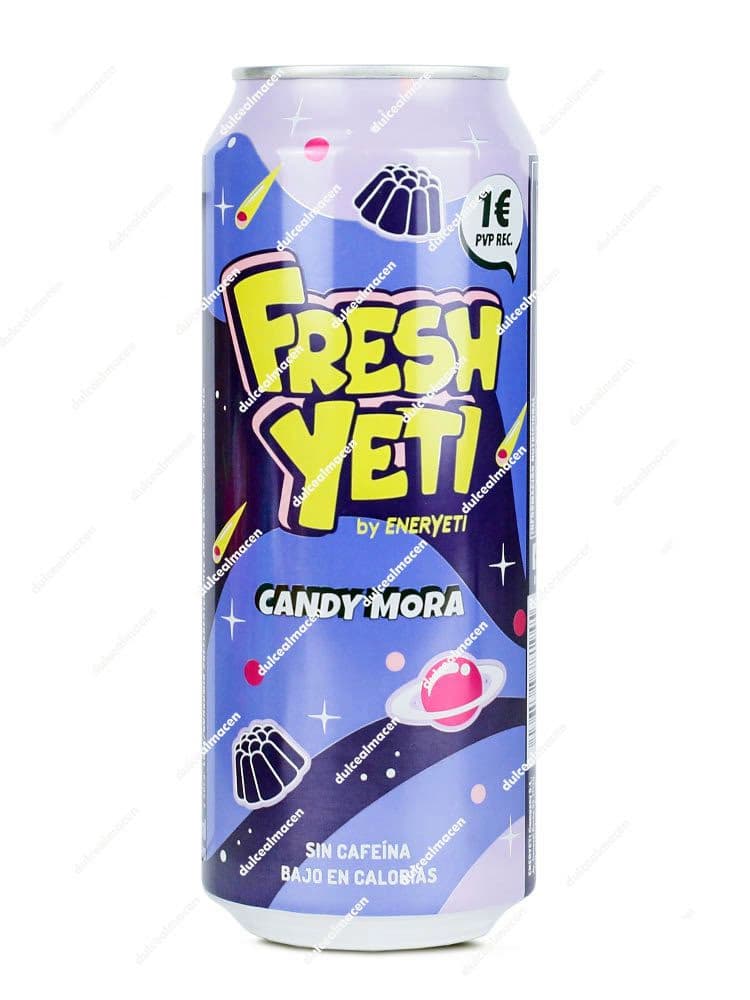 Lata de 500 ml de Freshyeti Candy Mora de Eneryeti, con diseño color violeta y azul con dibujos de moras y planetas - Dulcealmacen