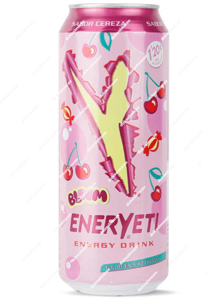 Lata de 500 ml de Eneryeti Bloom Cereza, con diseño en color rosa brillante decorado con cerezas y burbujas - Dulcealmacen