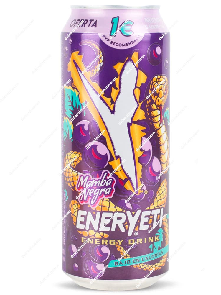 Lata de 500 ml de bebida energética Eneryeti Mamba Negra sabor mora, diseño morado con una cobra y racimos de moras, bajo en calorías - Dulcealmacen