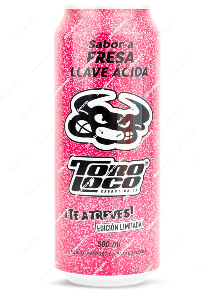 Lata de 500 ml de bebida energética Toro Loco sabor Fresa Llave Ácida, edición limitada en color rosa con el logotipo del toro - Dulcealmacen