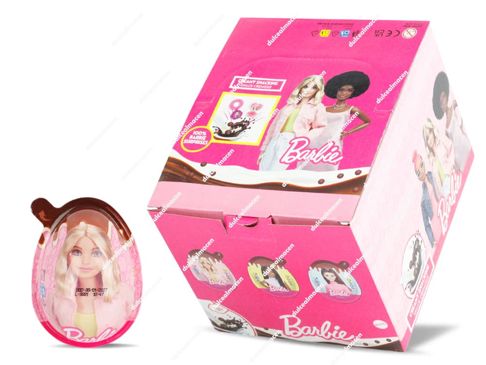 Huevo de chocolate Barbie Creamy Snacking de 18g con la imagen de Barbie y detalles del diseño en color rosa - Dulcealmacen