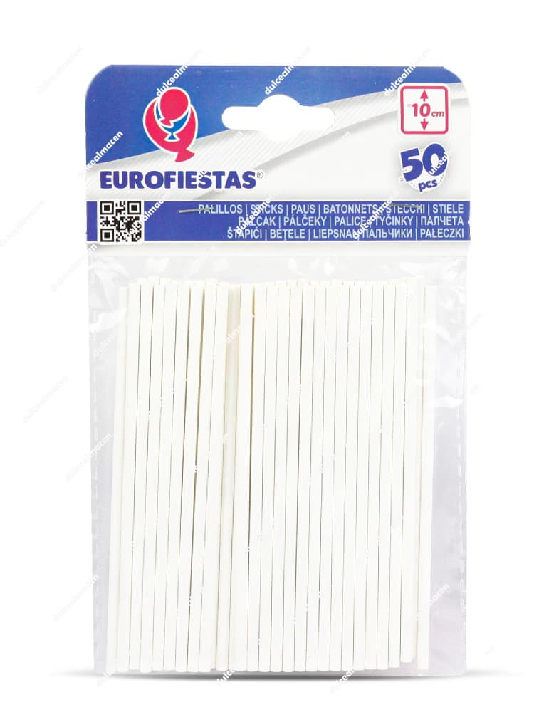 Paquete de 50 palillos blancos de 10 cm de Eurofiestas para realizar tartas de chuches y brochetas de golosinas - Dulcealmacen